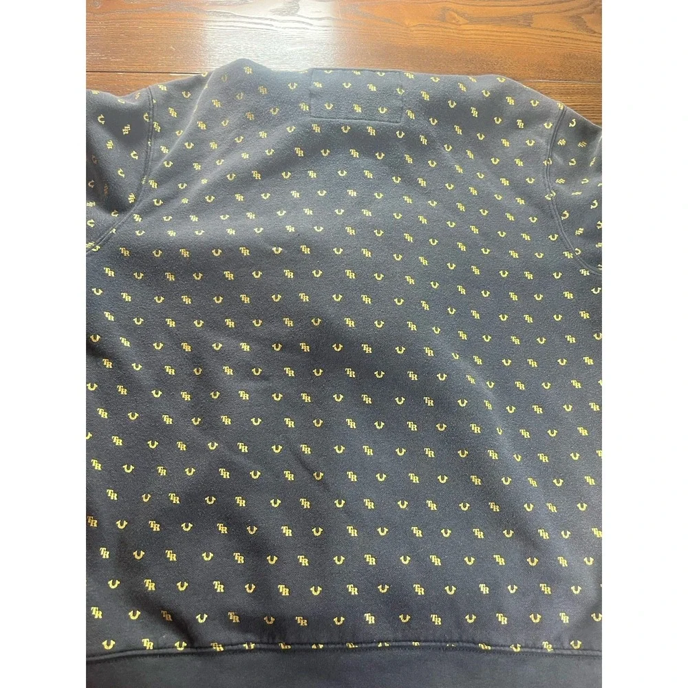 Y2K Style True Religion All Over Print Horseshoe Logo Hoodie Black Gold Medium